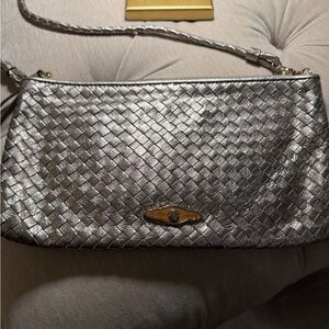 Silver Woven Leather Shoulder Bag